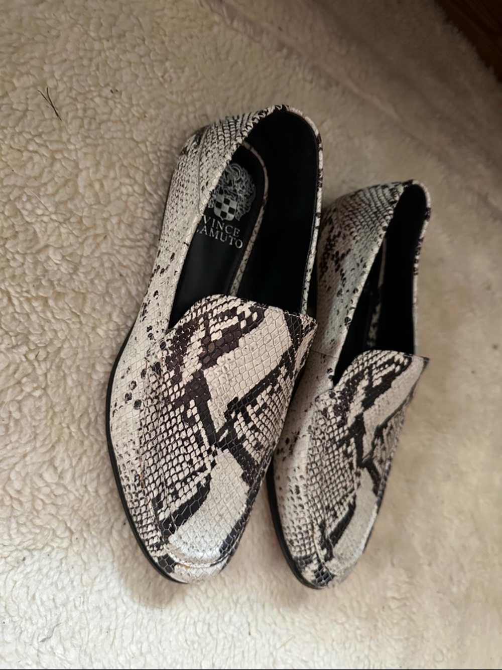 Vince Camuto Black and White Snake-Print Slip-On Loafers